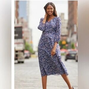 Talbots Fit & Flare Paisley‎ 3/4 Puff Sleeve V-Neck Midi Dress Women's Sz 14 NWT